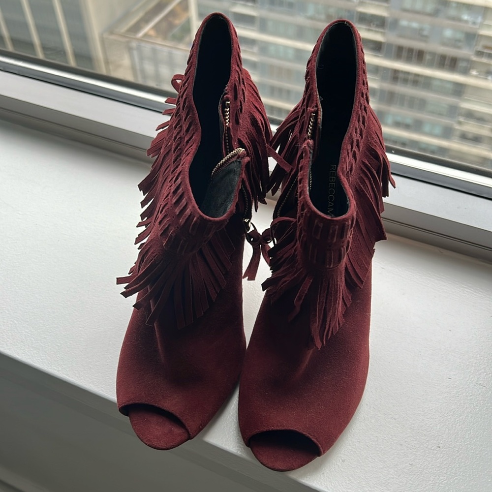 Burgundy, fringe, peep toe, Rebecca Minkoff, size10 heeled booties